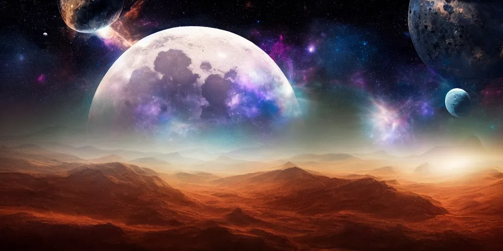 Image similar to moon setting, space, galaxy, milkyway, nebula, Mars, planets, neon, cinematic, realistic, glow, beautiful,