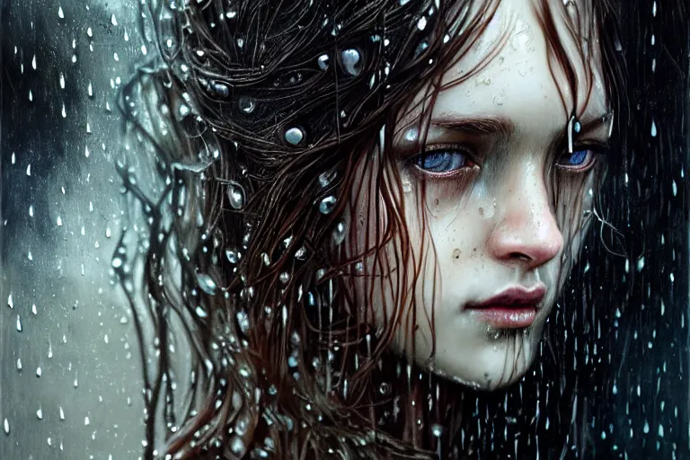 Prompt: portrait of a girl in the rain with wet hair and face, fantasy, intricate, elegant, dramatic lighting, emotionally evoking symbolic metaphor, highly detailed, lifelike, photorealistic, digital painting, artstation, concept art, smooth, sharp focus, illustration, art by John Collier and Albert Aublet and Krenz Cushart and Artem Demura and Alphonse Mucha