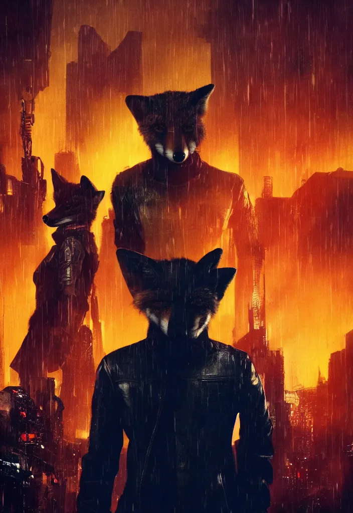 Prompt: anthro fox furry in Blade Runner: 2049, wearing a leather uniform, fursona, anthropomorphic, furry fandom, film still