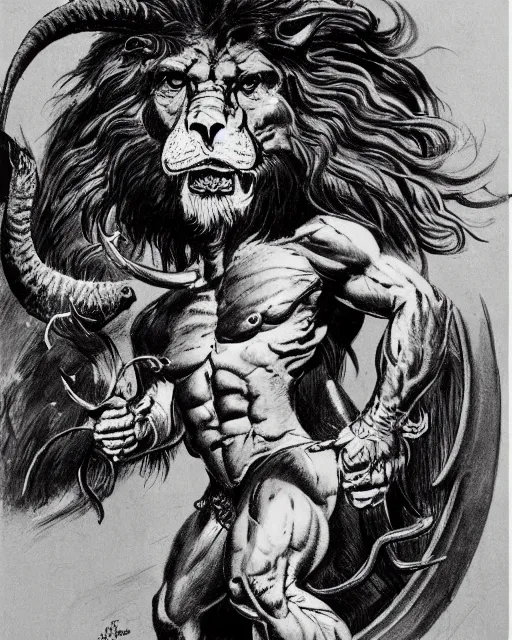 Image similar to a creature with the body and eyes of a man, with the beak of an eagle, the mane of a lion, and the horns of an ox. drawn by frank frazetta