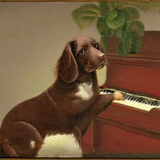 Image similar to a brown and white sprocker Spaniel playing a grand piano, pointillism, fine art
