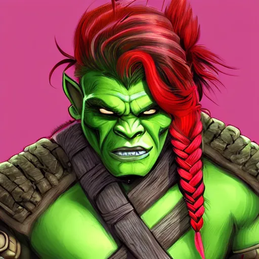 Prompt: half orc barbarian with red braided hairstyle and with green skin wearing armor by rossdraws