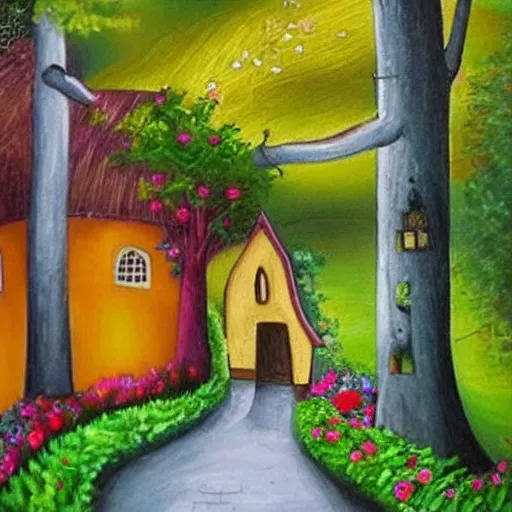 Prompt: a fairytale house, a path leading to the house in curve shape, painting art work, very fantastic art, colors very soft and attractive by souad said