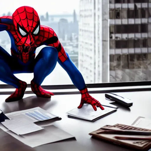 Prompt: A depressing Spider-Man doing his taxes at a desk