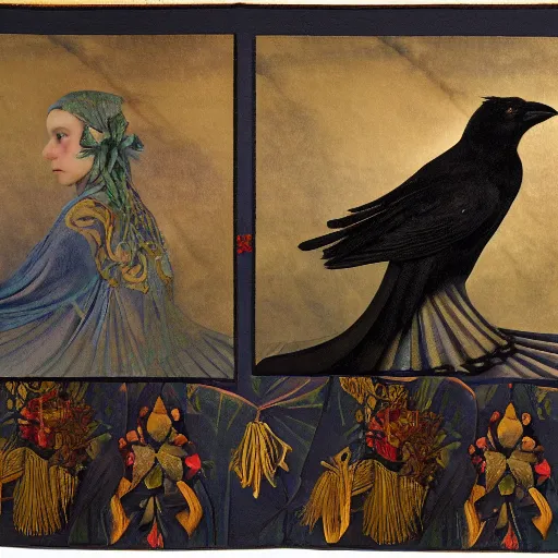 Image similar to portrait of a crow wearing a crown, by Diego Rivera and Annie Swynnerton and Maxfield Parrish, symbolist, dramatic lighting, embroidered brocade robes, god rays, rich colors,smooth, sharp focus, extremely detailed