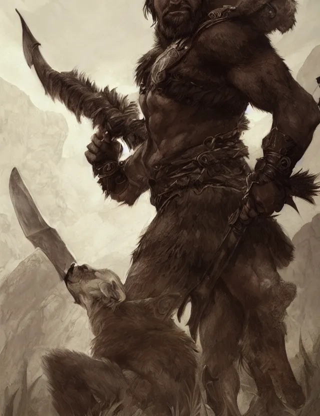 Prompt: portrait of a gruff ranger with a spear, accompanied by a black wolf, muscular, handsome face, hairy body, D&D, fantasy, intricate, elegant, highly detailed, digital painting, artstation, concept art, matte, sharp focus, illustration, art by Artgerm and Greg Rutkowski and Alphonse Mucha