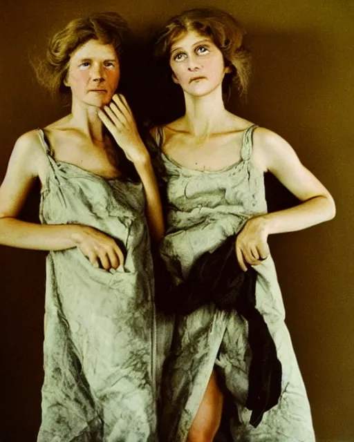 Image similar to two sisters in disheveled luxury, instant photo, by dorothea tanning, taken in the 1 9 7 0 s, atmosphere is eerie, dreamy, beautiful