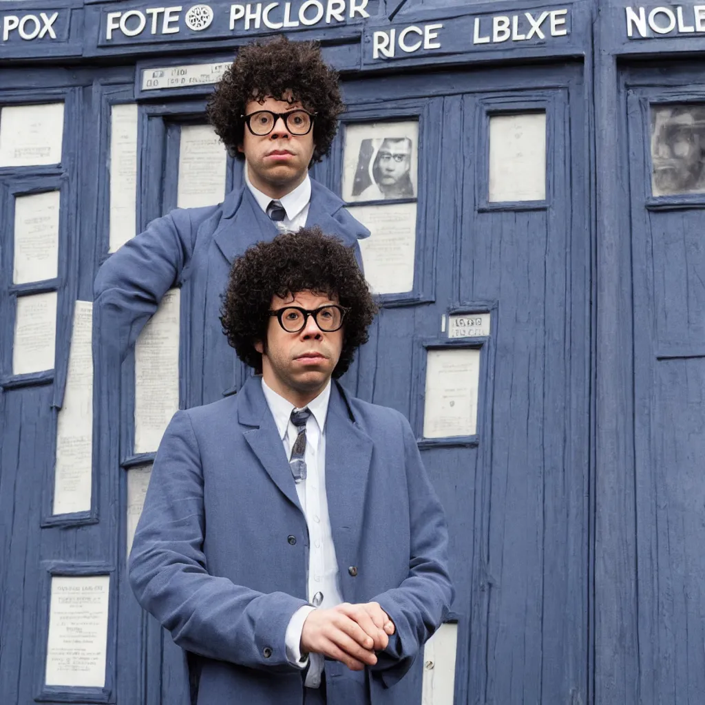 Image similar to Richard Ayoade as the Doctor, in front of the TARDIS