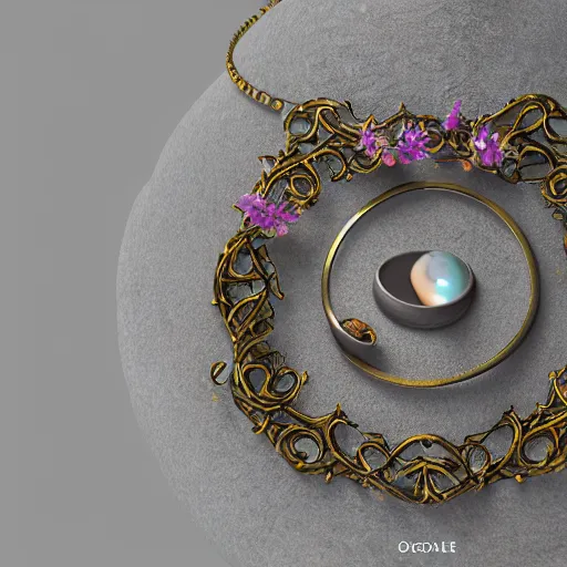 Image similar to intricate! organic, nordic wedding ring, necklace, gemstones, dreamy floral background, refraction, occlusion, lower and upper levels, keyshot render, octane render, vray render