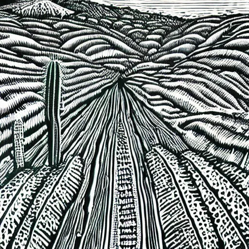 Prompt: Epic, detailed, Linocut Art on paper of a beautiful fields of cactus. Epic Latin American Linocut Art.