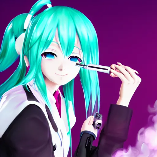 Image similar to hatsune miku smoking weed with a vape pen, smoke coming out of her mouth, bloodshot eyes, artstation, 4 k