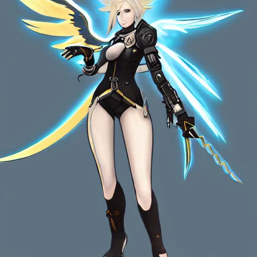 Image similar to digital painting of mercy overwatch, full body, wearing spiked collar and punk outfit, detailed face, detailed eyes,