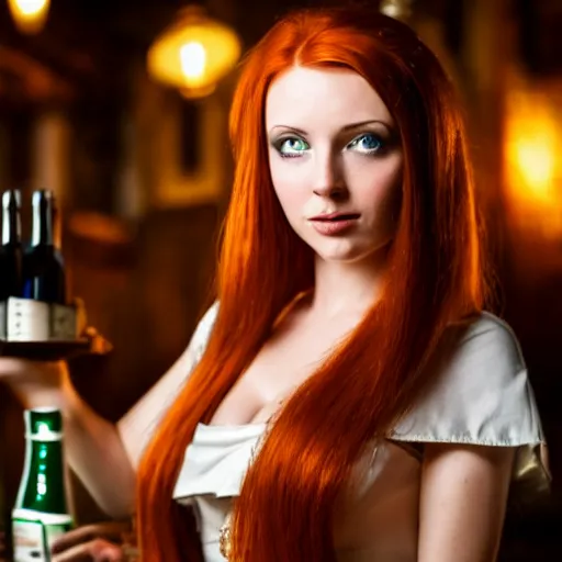 Image similar to beautiful bar maid with auburn hair and green eyes, in a medieval tavern at night, cinematic, filmic