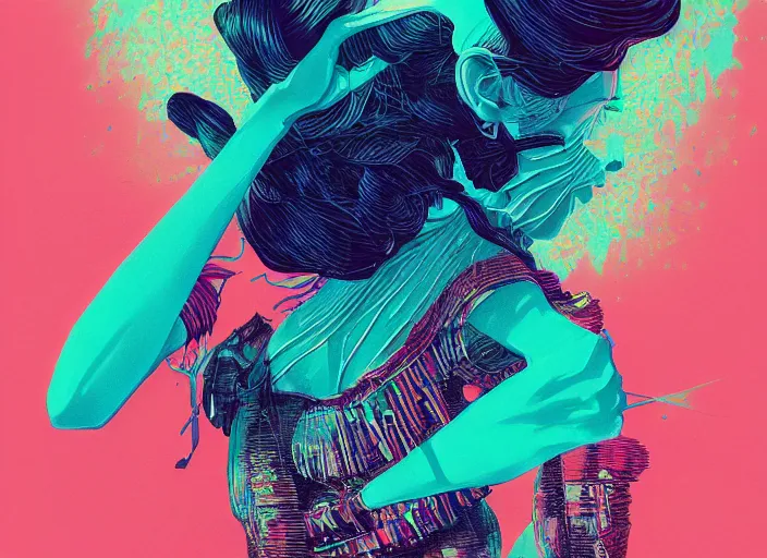 Prompt: you've been ordered to kill someone you've fallen in love with. risograph, victo ngai, artgerm, rhads, ross draws, hyperrealism, intricate detailed, eddie mandoza, 8 k, sci - fi, pastel colors, artstation,