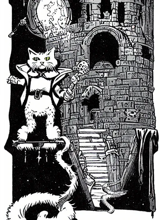 Image similar to highly detailed, wizard cat with a dungeon background by mike mignola