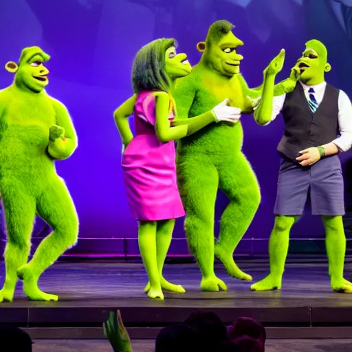 Prompt: Photograph of the Tally Hall members on-stage with color-coordinated ties, they are all wearing Shrek costumes, photo, f2.8, 50mm