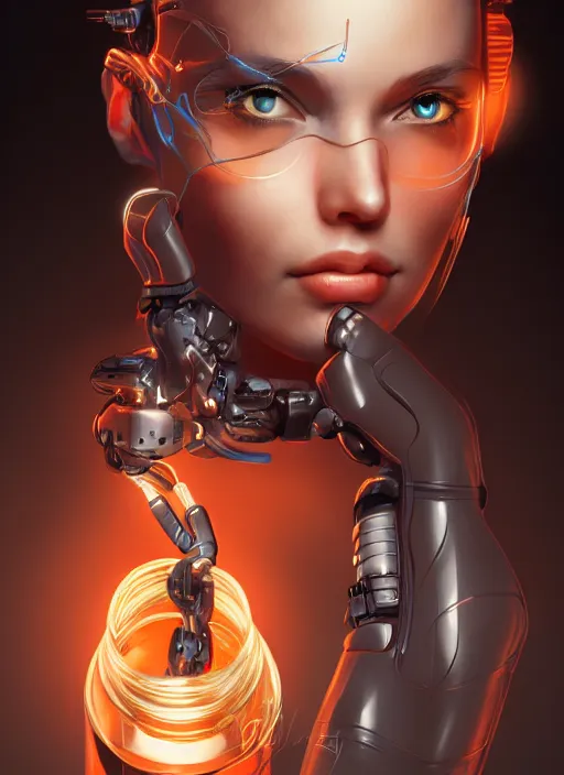 Prompt: portrait a cyborg girl connected by cables inside a glass jar filled with liquid by Artgerm, highly detailed, trending on artstation