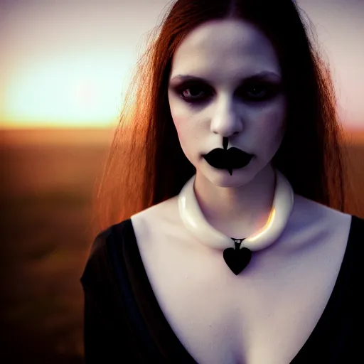 Image similar to photographic portrait of a stunningly beautiful gothic female with choker in soft dreamy light at sunset, god rays, contemporary fashion shoot, by edward robert hughes, annie leibovitz and steve mccurry, david lazar, jimmy nelsson, breathtaking, 8 k resolution, extremely detailed, beautiful, establishing shot, artistic, hyperrealistic, beautiful face, octane render