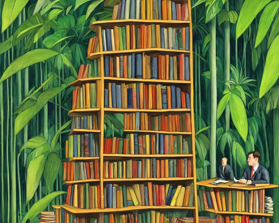 Prompt: one small bookshelf in the rainforest, featuring federal reporters, by hopper. hyperdetailed, proportional, romantic, enchanting, achingly beautiful, graphic print, trending on artstation, jungle, tropical, foliage