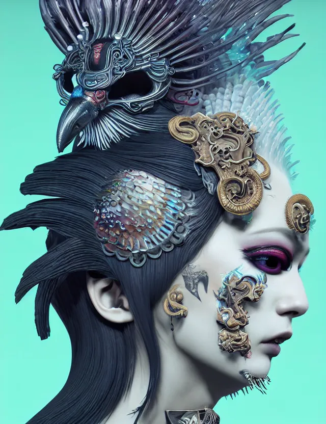 Image similar to 3 d goddess close - up profile simple portrait punk with mohawk with ram skull. beautiful intricately detailed japanese crow kitsune mask and clasical japanese kimono. betta fish, jellyfish phoenix, bio luminescent, plasma, ice, water, wind, creature, artwork by tooth wu and wlop and beeple and greg rutkowski