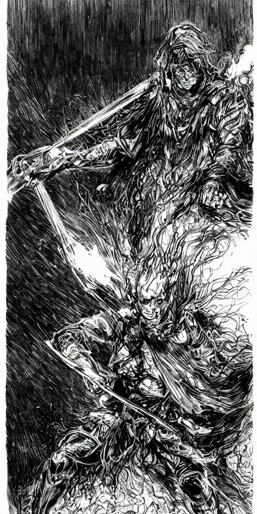 Image similar to a man with a missing an arm holding a spear made of green fire wearing a leather cloak fighting a bad guy made of black smoke, full body, dark colors, sinister atmosphere, dramatic lighting, cinematic, establishing shot, extremely high detail, photo realistic, cinematic lighting, pen and ink, intricate line drawings, by Yoshitaka Amano, Ruan Jia, Kentaro Miura, Artgerm, post processed, concept art, artstation, matte painting, style by eddie mendoza, raphael lacoste, alex ross,