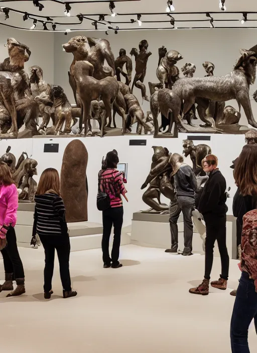 Prompt: a museum room full of people looking at sculptures of velvet dogs