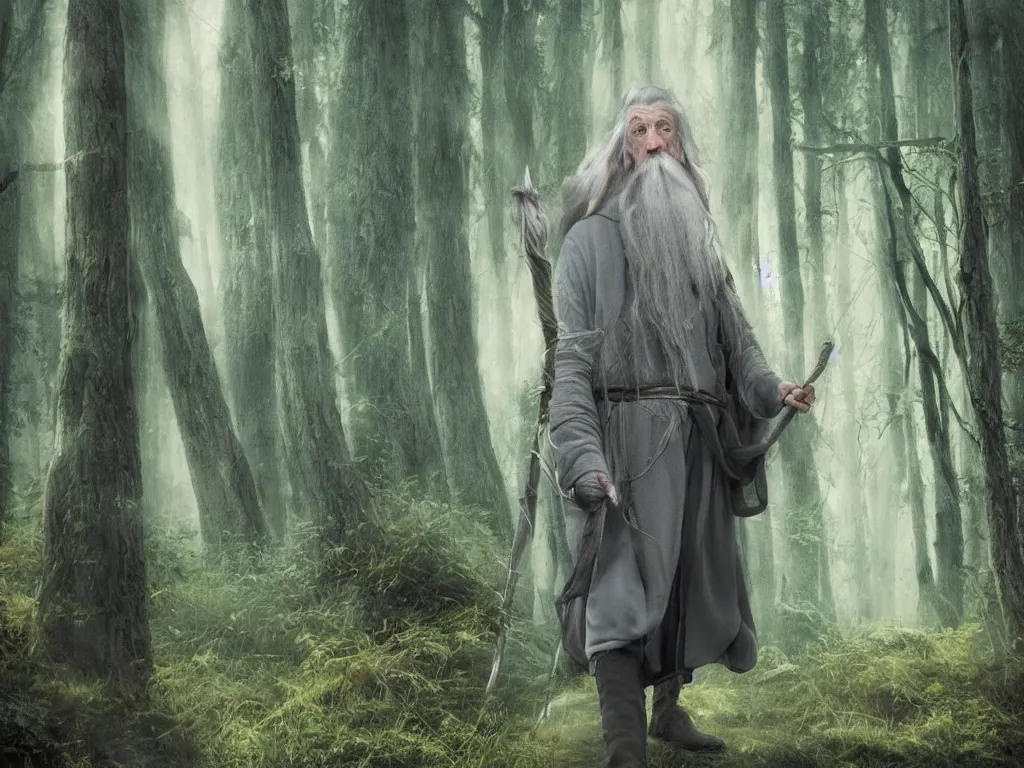 Image similar to Gandalf the Grey travelling in the forest, neo-romanticism, colorful