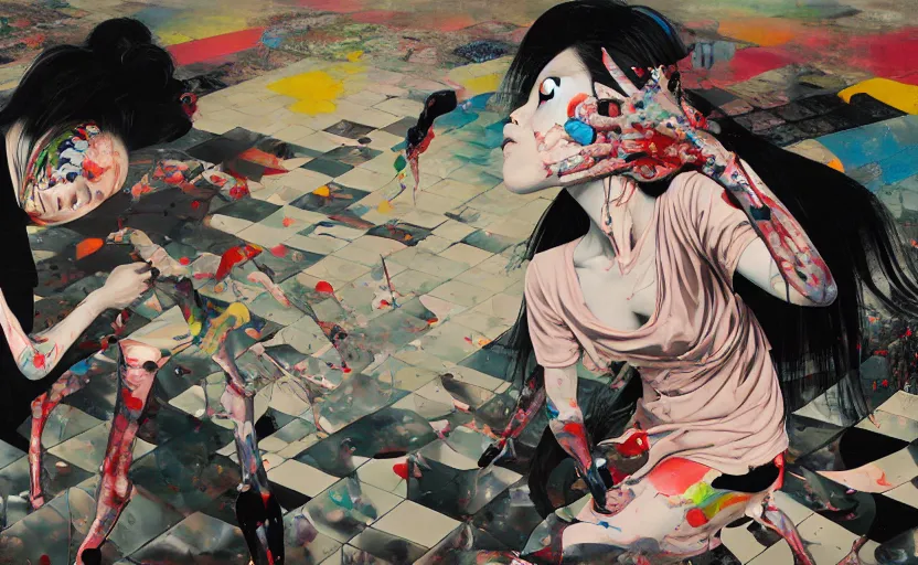 Image similar to decollage painting young japanese actress struggling in a ruined city by adrian ghenie and takato yamamoto and edward hopper and mark ryden and tsutomu nihei, part by bridget riley, acrylic pour and splashing paint, very coherent, baroque elements, perfect anatomy, intricate design. pop art.