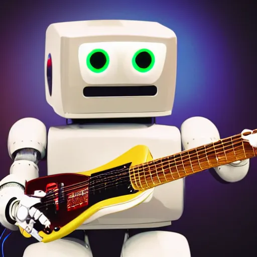 Prompt: a robot playing an electric guitar on stage