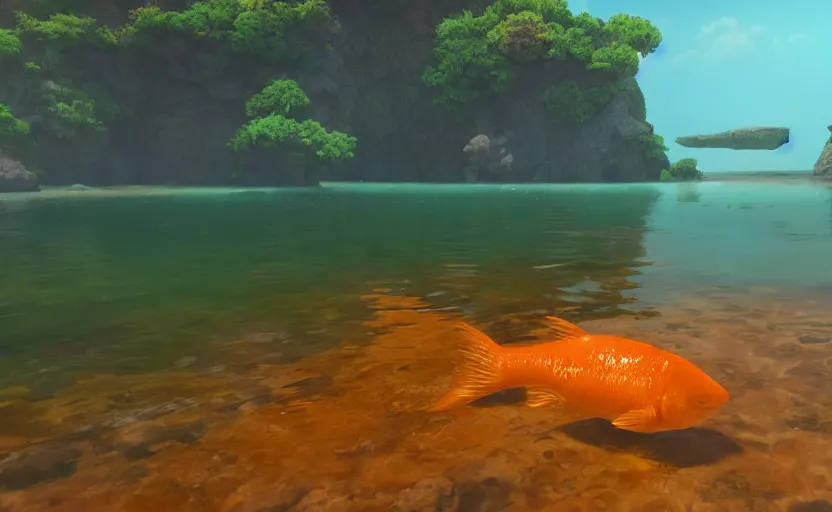 Image similar to a cave lake with some orange fish swimming inside, studio ghibli, pixar style, octane render, unreal engine 5, path traced, highly detailed, high quality, 8 k, soft lighting, godrays, complementary colors, natural lighting, water parallax, serene landscape, beautiful, elegant, digital painting