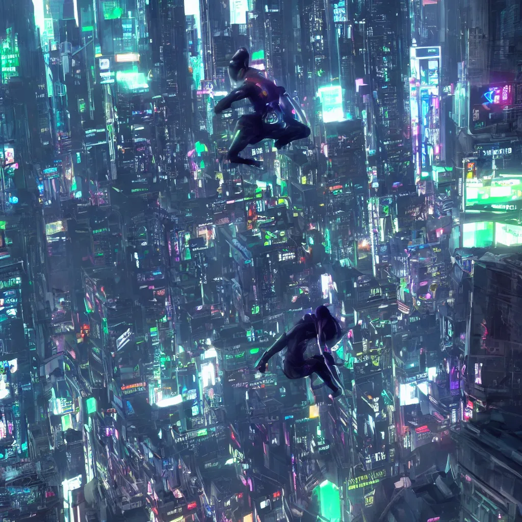Image similar to green ctv footage of a cyborg ninja doing parkour in cyberpunk city with neon lights tron