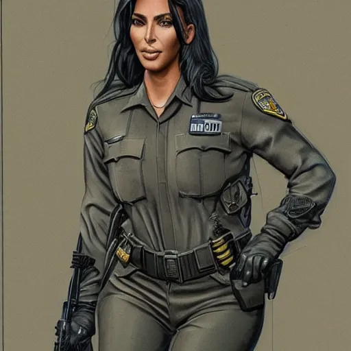 Image similar to kim kardashian as a cop, police uniform, full body view, full pov, haunted house interior, pretty, aesthetic, dust molecules, matte detailed photo, DeviantArt, Artstation, by donato giancola, ralph horley, loish, cinematic lighting