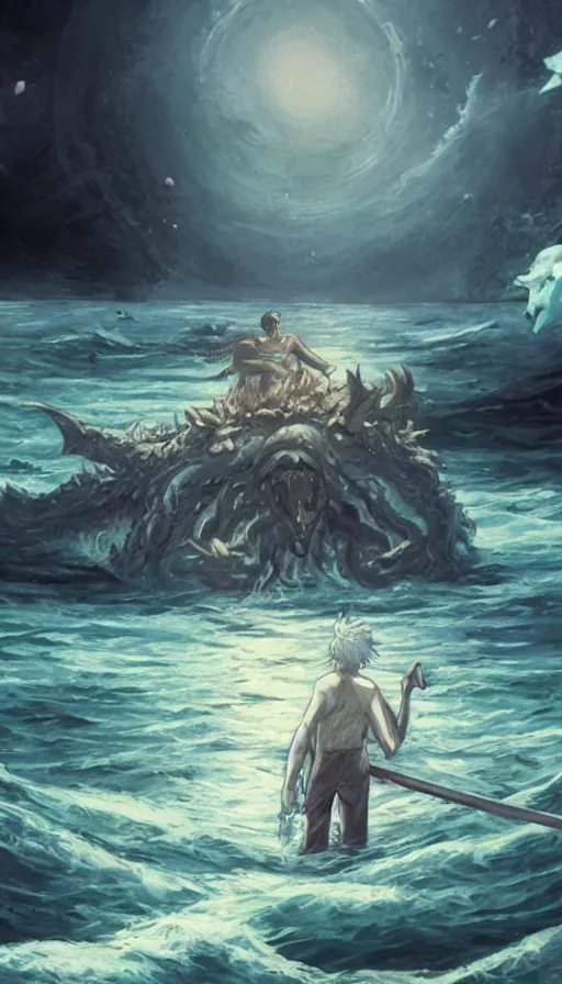 Prompt: man on boat crossing a body of water in hell with creatures in the water, sea of souls, by wit studio