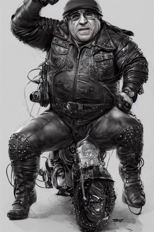 Prompt: muscled Danny Devito as a ruggedly handsome heroine , dressed in biker leather, intricate, elegant, highly detailed, centered, digital painting, artstation, concept art, smooth, sharp focus, illustration, art by artgerm and donato giancola and Joseph Christian Leyendecker, Ross Tran, WLOP