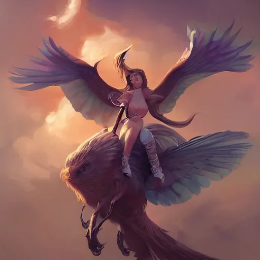 Image similar to Art station concept of a beautiful girl riding a gryphon, symmetrical face, smooth body features, by Stanley Artgerm Lau, WLOP, Rossdraws, James Jean, Andrei Riabovitchev, Marc Simonetti, and Sakimichan, trending on artstation