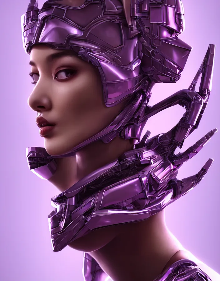 Image similar to beautiful portrait of friendly attractive alien cyborg, style of Feng Zhu, Artstation geometric, aesthetic, smooth skin, unique features, symmetrical, intricate crown, high fashion, streetwear, cyberpunk, detailed, octane render, cinematic, 8k, purple skin, brown skin