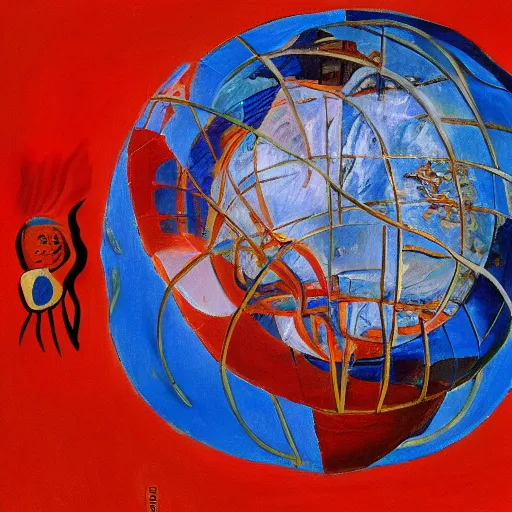 Image similar to a highly detailed painting of the world globe in flames, inspired by dali, matisse, klee, bosch, david hockney, trending on artstation, 4 k