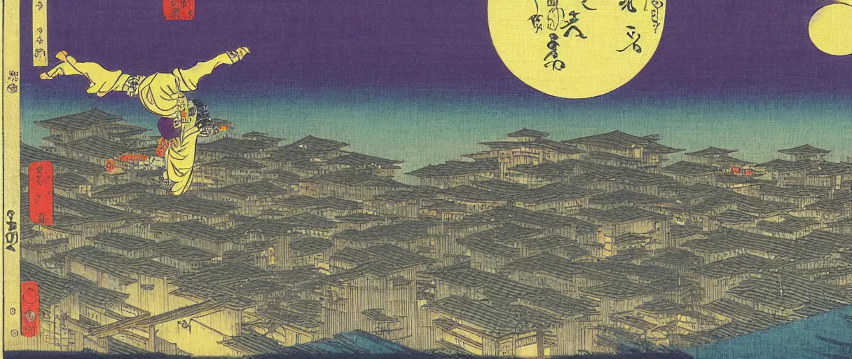 Image similar to a Ninja secretly jumping from one rooftop to another at night, purple sky, yellow moon, highly detailed ukiyoe by Utagawa Hiroshige