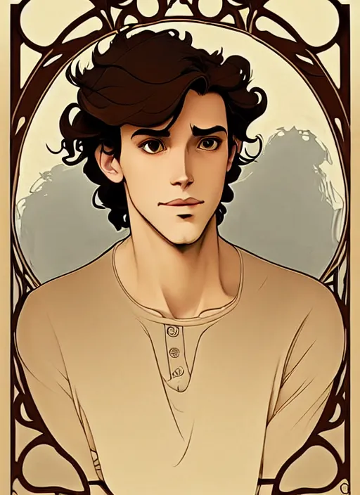 Image similar to art nouveau portrait of a handsome young man with medium length big mess of curly light brown hair, brown eyes, aloof, serious expression, t - shirt, modern casual clothing, natural lighting, path traced, highly detailed, high quality, cartoon, digital painting, by don bluth and ross tran and studio ghibli and alphonse mucha