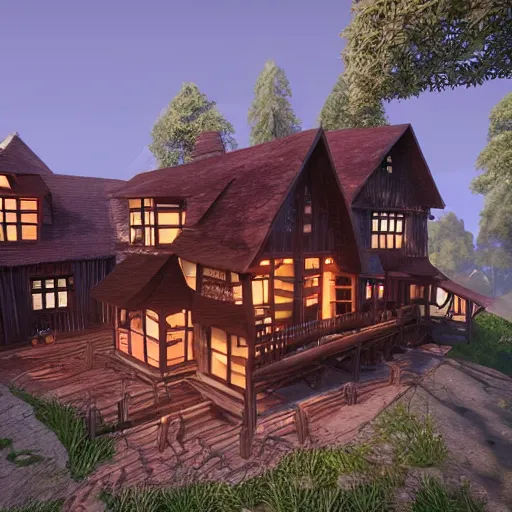 Image similar to Peaceful wooden mansion, unreal engine 5 tech demo