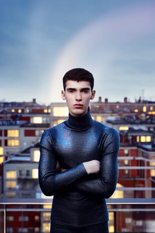 Image similar to un ultra high definition studio quality photographic art portrait of a young man standing on the rooftop of a british apartment building wearing soft padded silver pearlescent clothing. three point light. extremely detailed. golden ratio, ray tracing, volumetric light, shallow depth of field. set dressed.