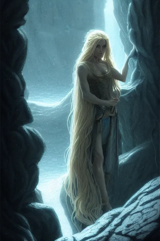 Image similar to A beautiful Norse Goddess with long flowing blonde hair on a ledge od deep abyss fantasy, intricate, elegant, highly detailed, D&D, digital painting, artstation, concept art, matte painting, sharp focus, illustration, extremely moody lighting, glowing light and shadow, atmospheric, shadowy, cinematic, in the style of Greg Rutkowski and artemisia gentileschi and Alphonse Mucha