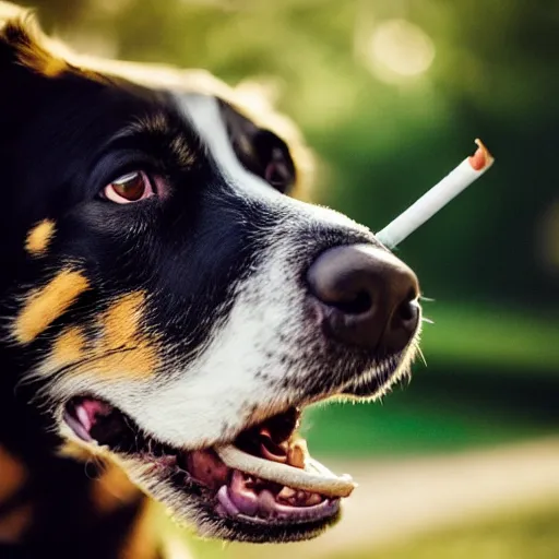 Prompt: a photograph of a dog with a cigarette in its mouth, low depth of field