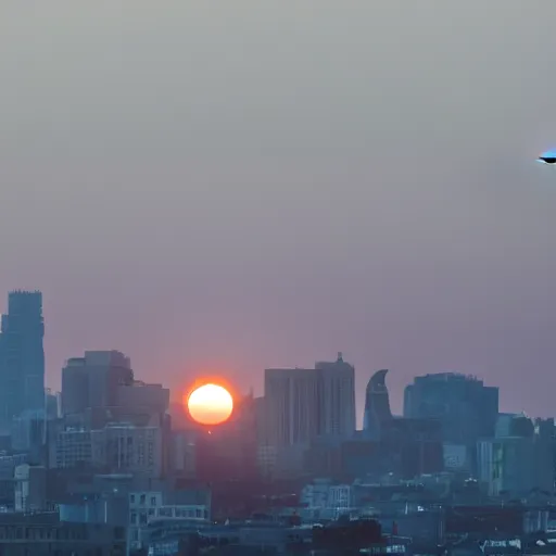 Prompt: distant views of an airship silhouetted against the setting sun over a city skyline