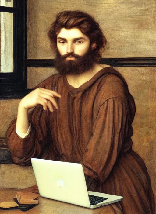 Image similar to Pre-Raphaelite young beautiful muscular brown-haired bearded muscular male with macbook sitting in a coffeshop