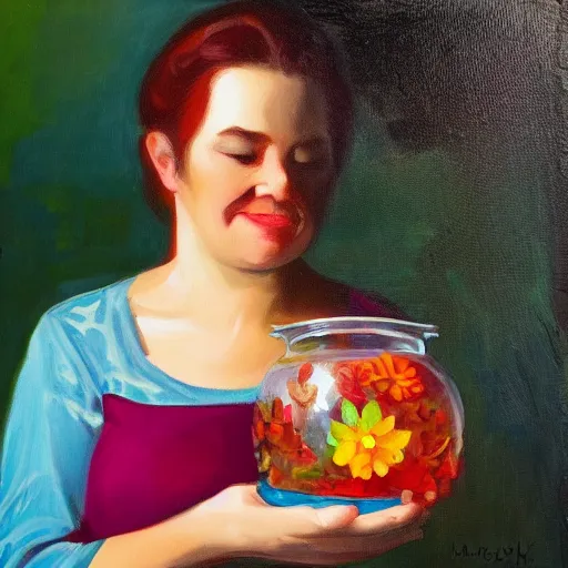 Prompt: a beautiful woman holding a gift. The gift is a fishbowl. The fishbowl has fish inside. Colorful. Oil on canvas.