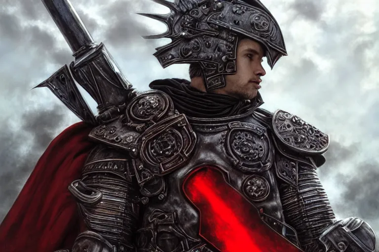 Prompt: ultrarealistic massive giant cloud strife iron knight with red cape, giant metal helm bladed iron mantle black etched iron armor, bone wastes, fantasy character portrait, octane render, extreme intricate metal details, cinematic lighting, volumetric lighting, ultra wide angle, artstation, dnd art, cgsociety, sharp focus, digital painting by artgerm, gerald brom, wlop