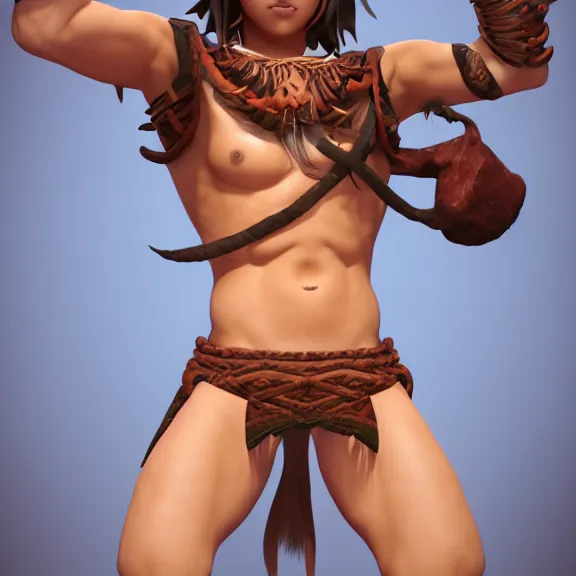 Prompt: 3D render of a cute tribal anime boy in a loincloth, fantasy artwork, fluffy hair, mid-shot, award winning, hyper detailed, very very very beautiful, studio lighting, artstation, unreal engine, unreal 5, 4k, octane renderer