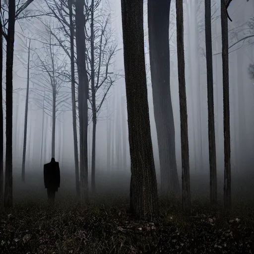 Image similar to Three ominous figures standing amongst a tall skinny tree forest with eerie fog covering the ground. Creepy glowing eyes coming from the fog and a night time setting