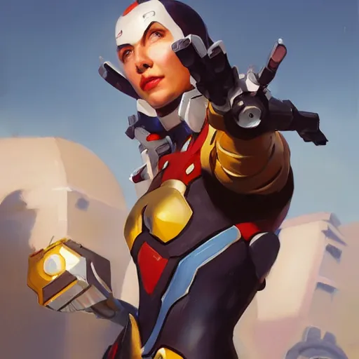 Image similar to greg manchess portrait painting of a female ironman as overwatch character, medium shot, asymmetrical, profile picture, organic painting, sunny day, matte painting, bold shapes, hard edges, street art, trending on artstation, by huang guangjian, gil elvgren, ruan jia, greg rutkowski, gaston bussiere